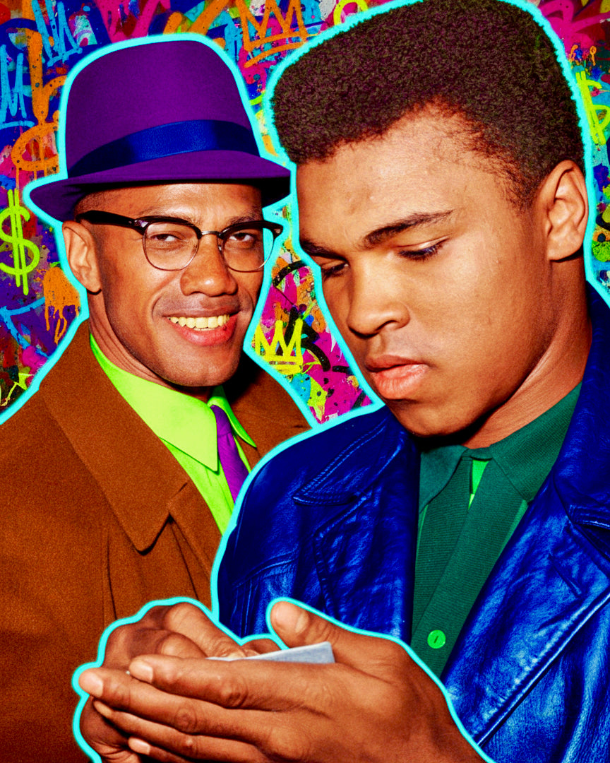 A vibrant, stylized pop-art collage of Malcolm X and Muhammad Ali. In the foreground, Ali in a blue leather jacket and green shirt looks down at a small card in his hands, behind him Malcolm in a stylish purple fedora