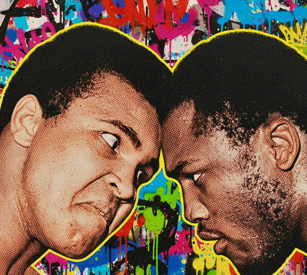 A stylized graphic print of Muhammad Ali and Joe Frazier, facing off against each other before their first fight, with a bright multicolor graffiti background and yellow heart-shaped outlines.