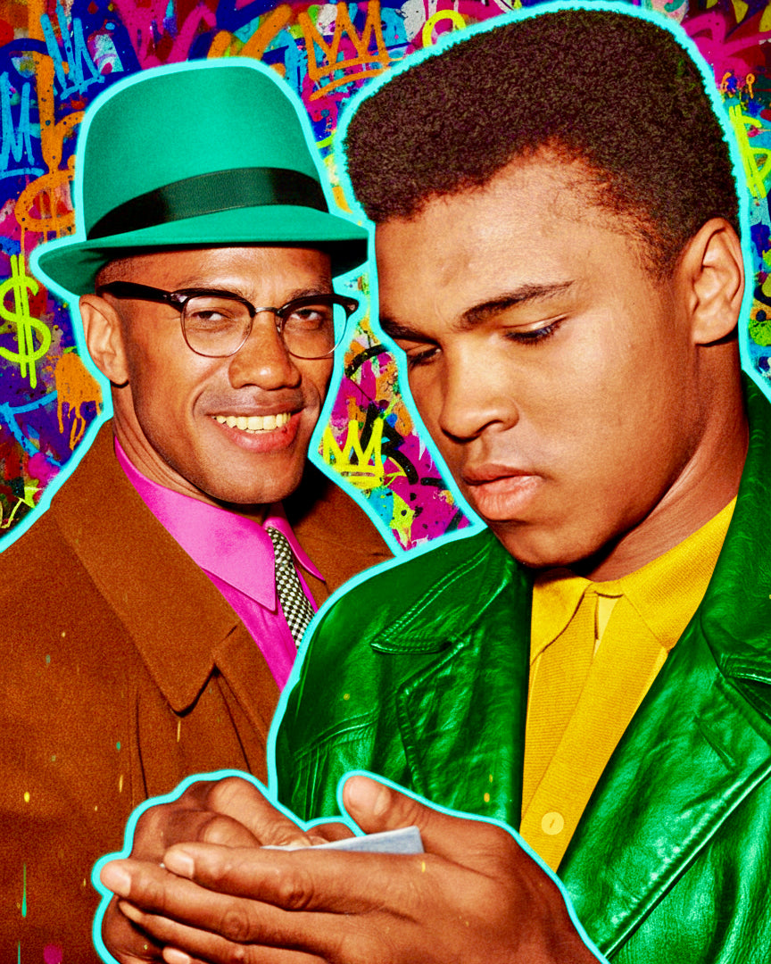 A vibrant graphic collage featuring Malcolm X and Muhammad Ali. On the left, a Malcolm in a brown suit and a bright green fedora, in the foreground Ali in a green tinted leather jacket.